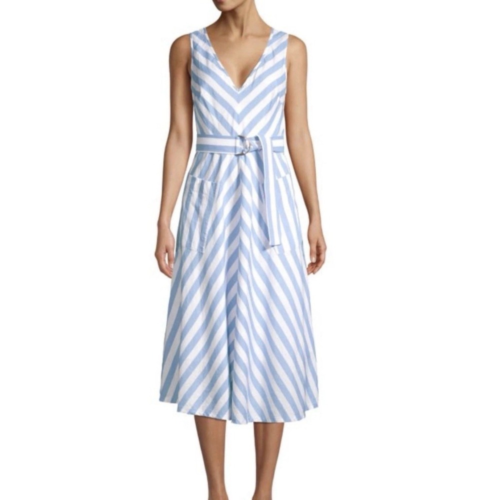 Kate‎ Spade Deck Blue White Stripe Linen Blend V Neck Midi Dress Size 6 Belted!